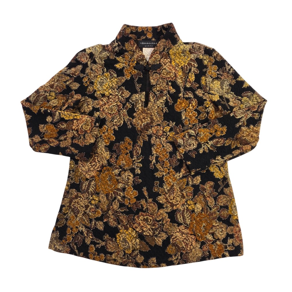 Connected Petite Floral Tapestry Mandarin Collar Frog Knot Blouse Gold Black 10P